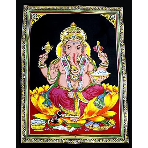 Lord Ganesha Deity Art Sequin Work Indian God Batik Wall Hanging 44 x 30 Inches Cover
