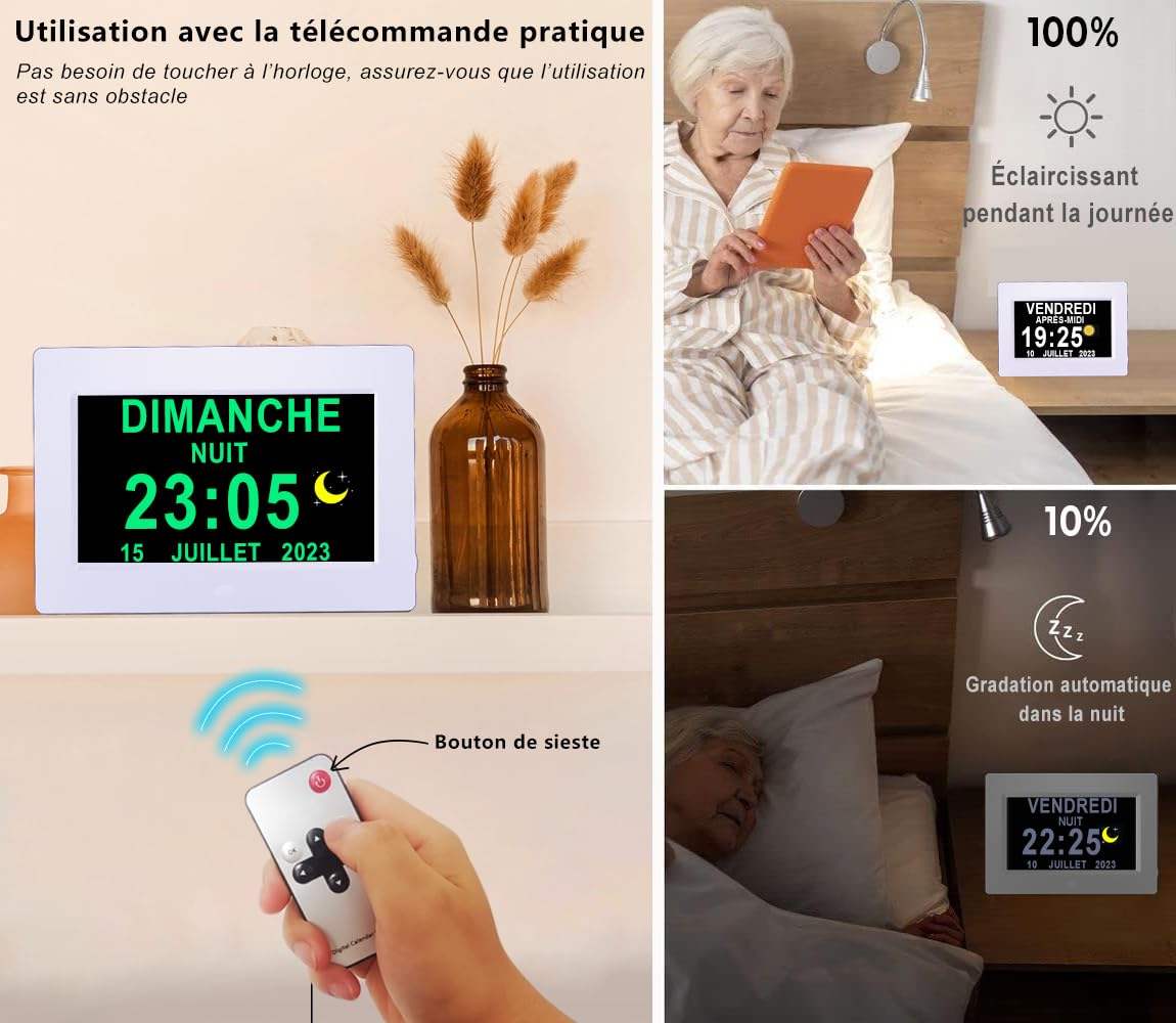 Véfaîî Amélioré 19 Alarmes Horloge Numérique, Automatique de L’Heure D’été, Réveil Murale Silencieux avec 20 Rappels Personnalisés pour Les Adultes et Les Enfants et la maladie d'Alzheimer