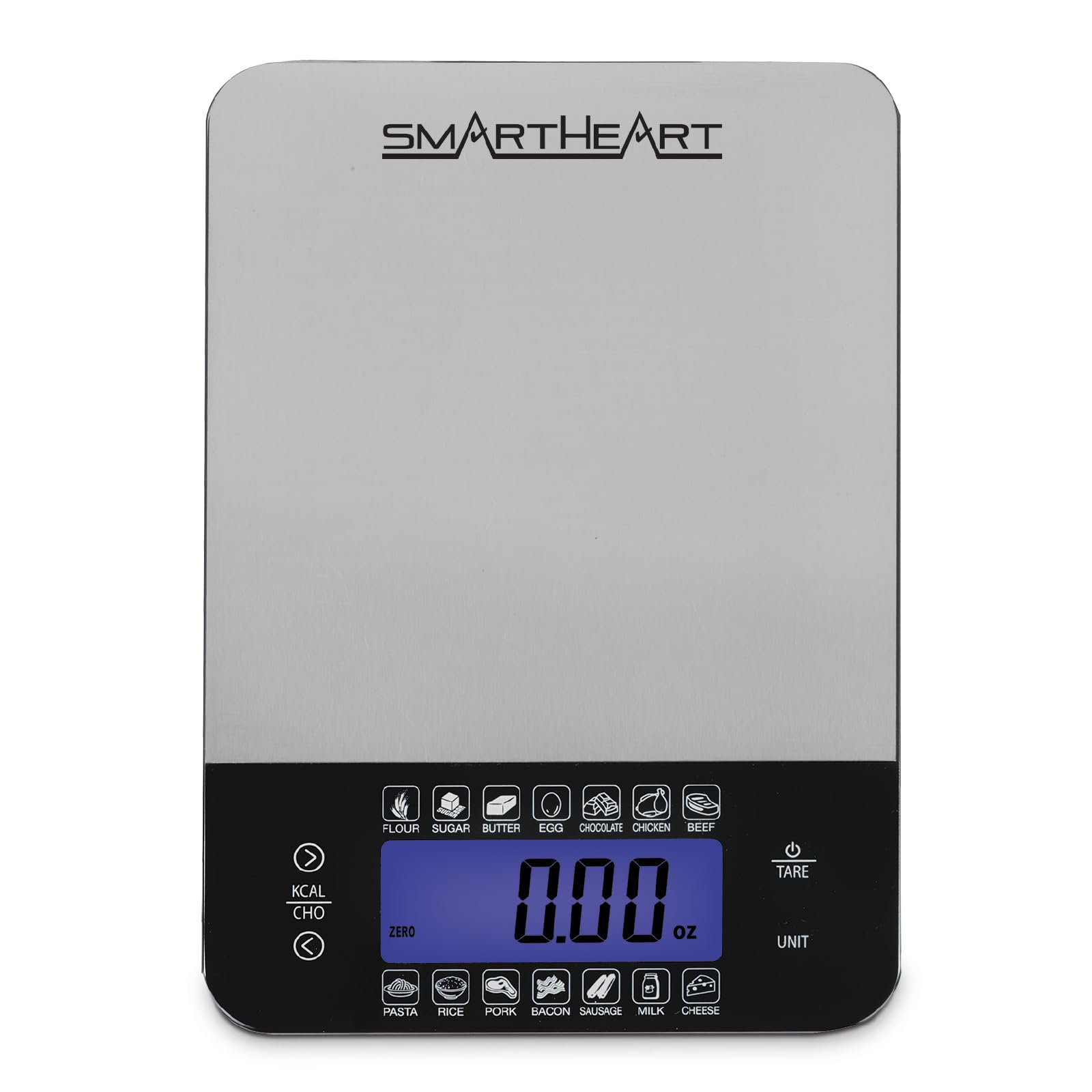 SmartHeart Digital Kitchen Food Scale with Calorie & Carb Calculator | Stainless Steel | Tare Function | Unit Conversions: oz/lbs/g/ml | 14 Pre-Set Foods | Large Backlit LCD Display