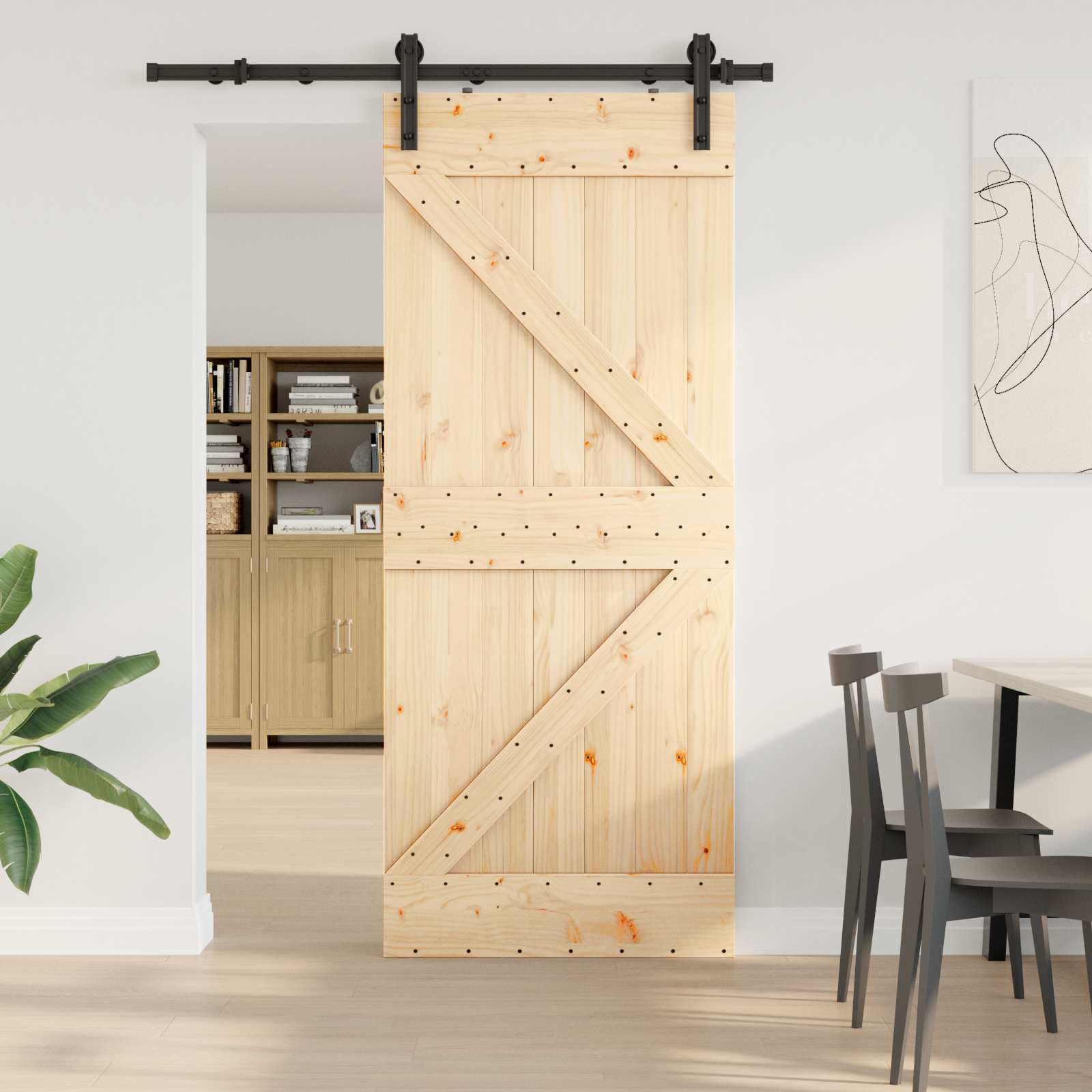 Porta scorrevole NARVIK in legno di pino massiccio e acciaio verniciato a polvere, 85 x 210 cm, con sistema a binari da 152,5 cm