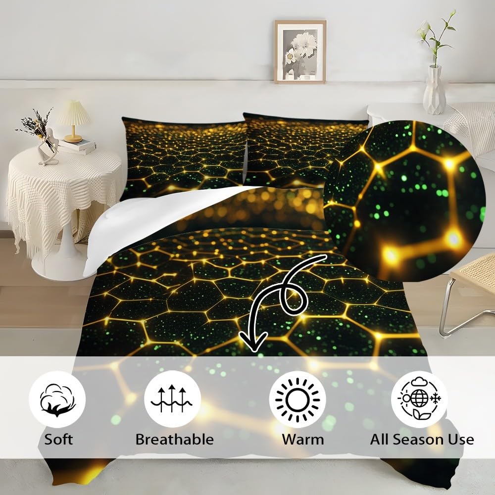 Poszwa na kołdrę 220x220cm Łóżko 135 - Fluorescencyjna zielona poszwa na kołdrę z mikrofibry i 2 poszewki na poduszki 50x75, sztuka geometryczna złota z plastrem plastra miodu miękki i wygodny zestaw