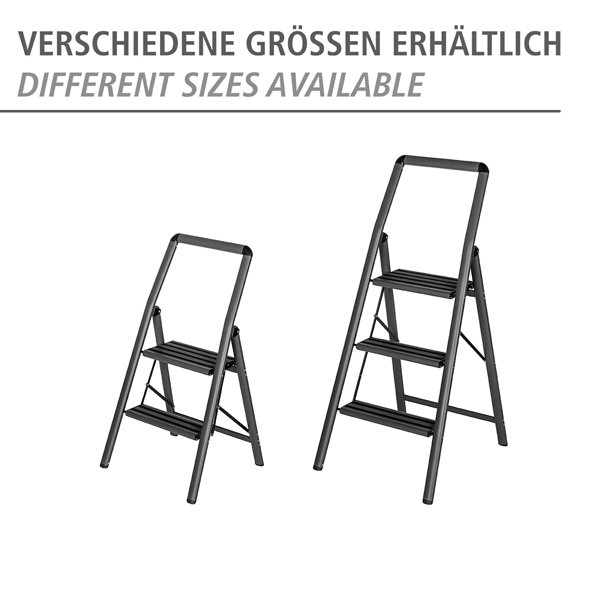 WENKO Leichte Aluminium Leiter Compact, 66 cm höher, Klapp-Trittleiter, 3 rutschsichere Stufen, Sicherheitsbügel & Haltegriff, 48 x 114,5 x 6 cm, Dunkelgrau
