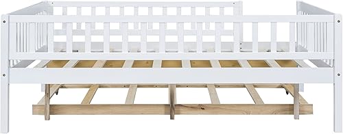 Miniatura 27 de Polibi Sofá cama de tamaño matrimonial, marcos de cama de día completo de madera con dos cajones y barandillas de seguridad para dormitorio, sala de