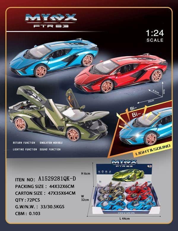 Image of Metal Pull Back Diecast Car 1:24 Big Lamborghini Sian Pull Back Car Model With Sound Light Boys Gifts Toys For Kids?Pack Of 1?,Multicolor