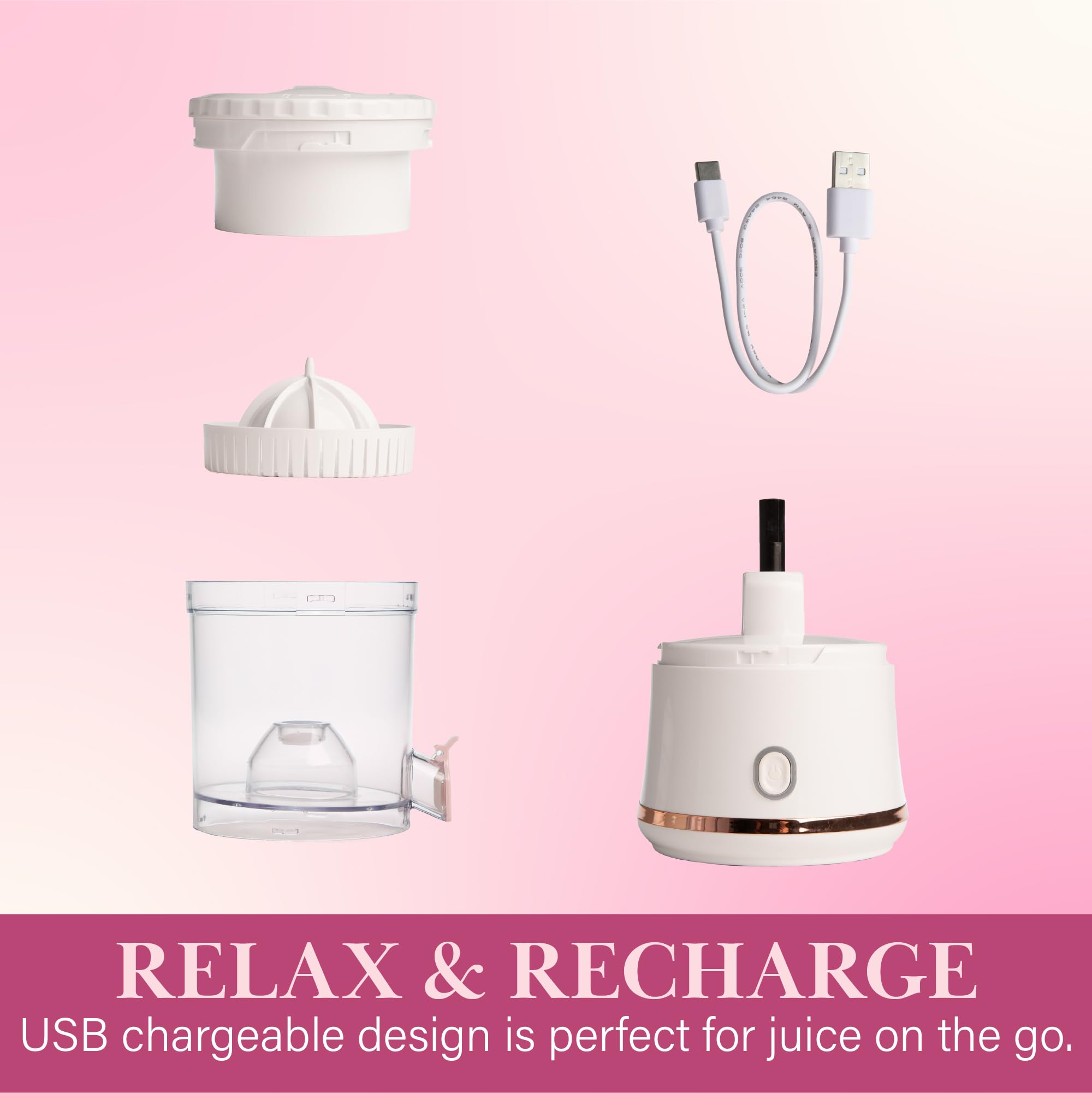 Paris Hilton Exprimidor eléctrico de cítricos, mini exprimidor inalámbrico portátil con base recargable por USB, botón de un solo toque, exprimidor compacto de limón, lima y naranja, blanco