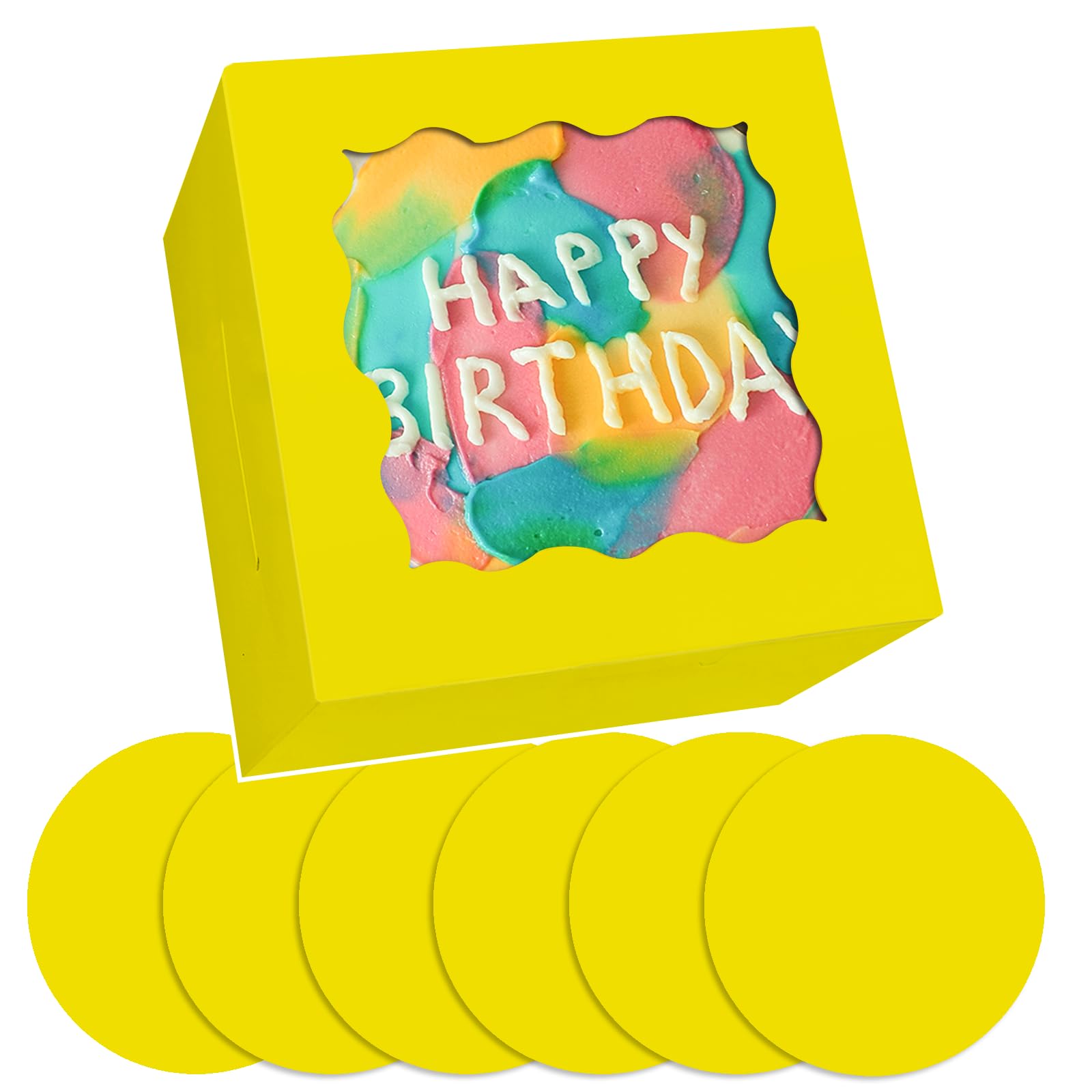 Gcardist 6x6x5 Inch Cake Box, 5 Sets Yellow Cake Box with Window & 5 Sets 6 Inch Yellow Cake Round Boards