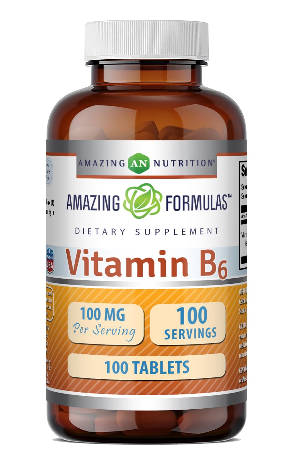 Amazing Formulas Vitamin B6 (Pyridoxine HCI) Supplement | 100 Mg | Tablets | Non-GMO | Gluten-Free | Made in USA (1 Pack | 100 Count) Unflavored 100 Count