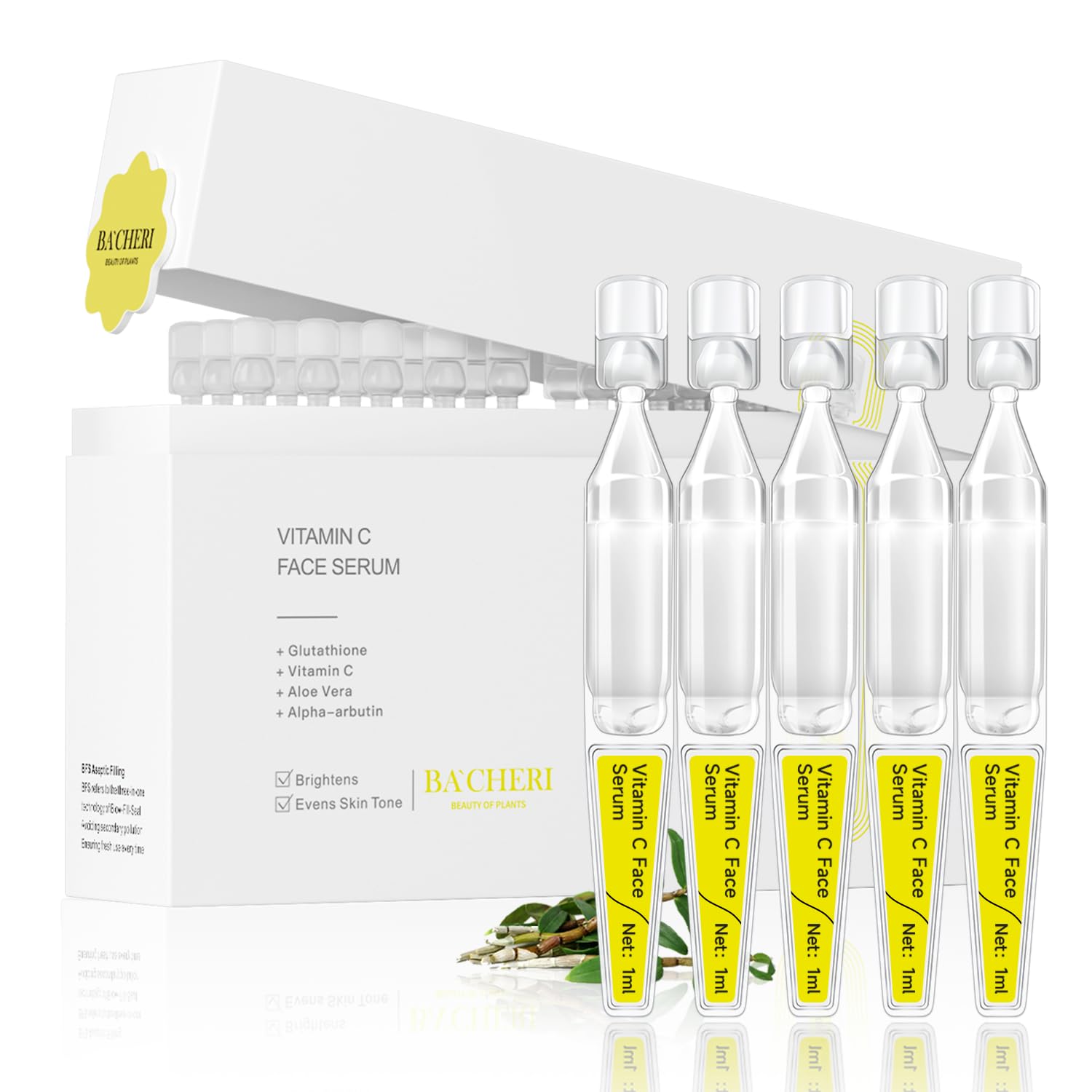 Vitamin C Face Serum with Glutathione, Hyaluronic Acid & Aloe Vera – Lightweight Brightening & Hydrating Ampoule for Daily Skincare, Dark Spots, Sensitive Skin Friendly - (1.0 ml)*30 Vials