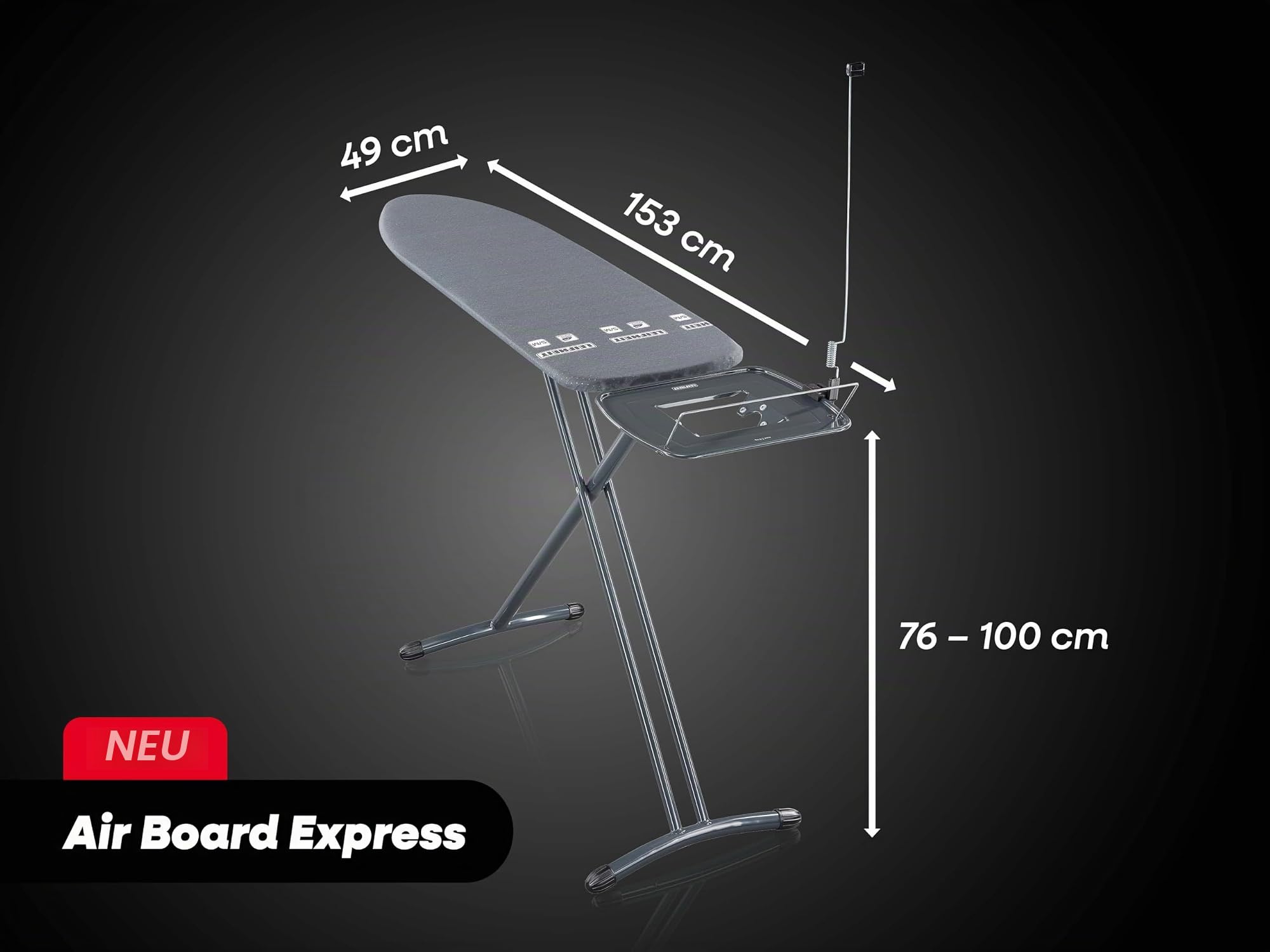 Leifheit Air Board Express M Black, Bügelbrett in stilvollem Design, 120 x 38 cm Bügelfläche, Bügeltisch geeignet für Dampfstationen, höhenverstellbar und platzsparend verstaubar, schwarz