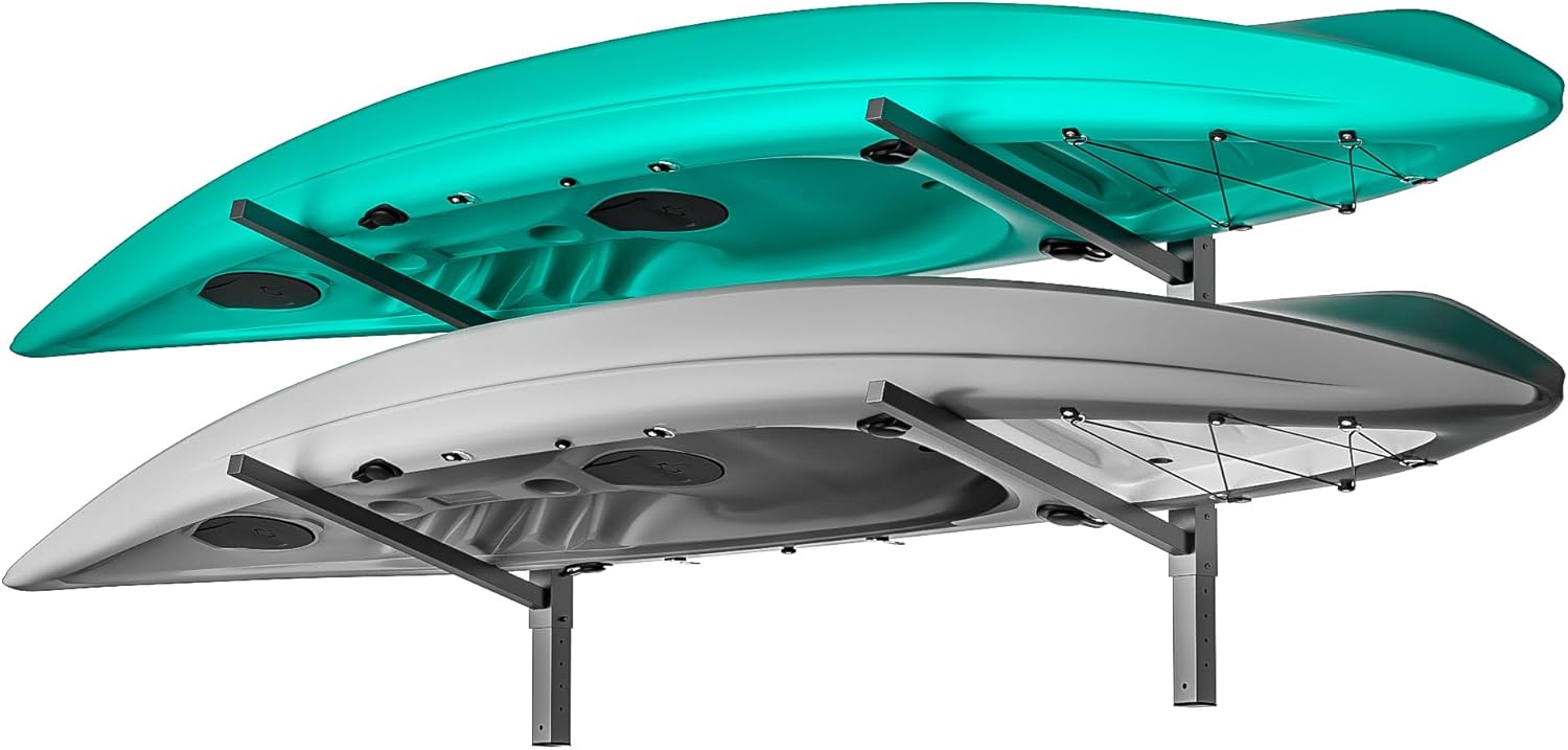 EVERHANGER Wall Mounted Kayak Storage Rack, Adjustable Kayak Holder, Heavy Duty Canoe Rack, Indoor & Outdoor Use Holds 2 Kayaks