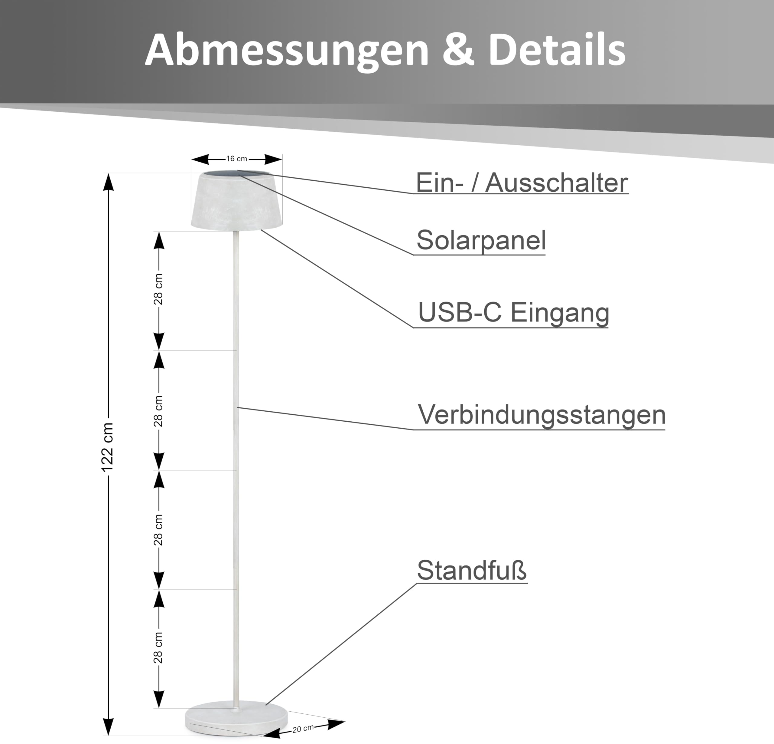 Northpoint ELBLIGHT.de LED Solar Stehleuchte Outdoor dimmbar mit Dämmerungssensor USB-C Gartenleuchte warmweiß 3000K IP44 wetterfest Außenleuchte Terrasse Balkon Steinoptik 122 cm