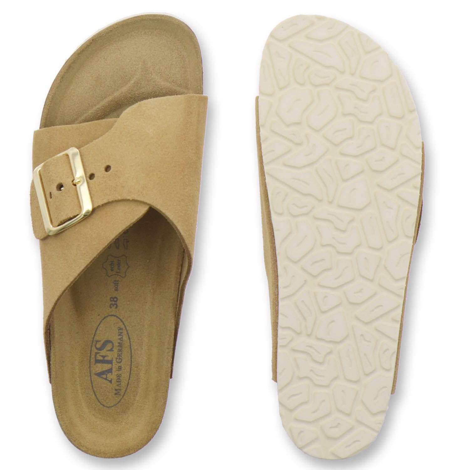 AFS-Schuhe 2150, ciabatte da donna alla moda, in vera pelle, sandali estivi con grande fibbia, realizzati a mano in Germania