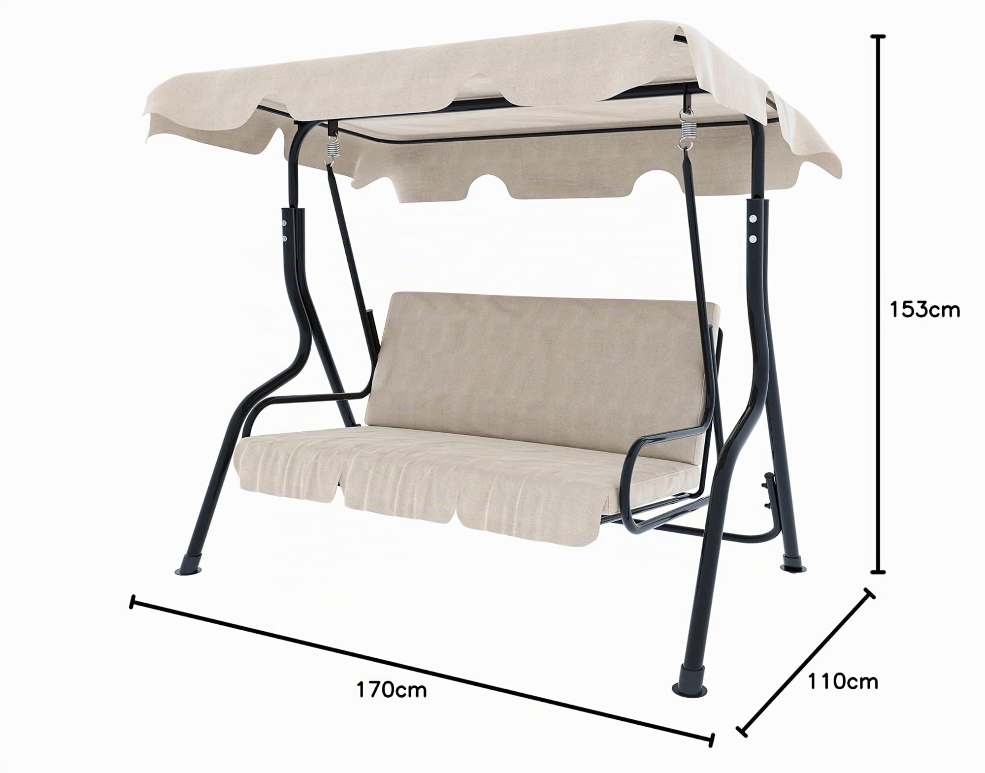 Balancelle 3 Places avec Toit Ajustable, Coussins Rembourrés, Structure Robuste en Acier Verni pour Extérieur, Jardin, Balcon, Terrasse, Piscine 170 x 110 x 153 cm (Beige)