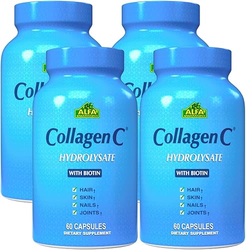 CollagenC Hydrolizsate - Cápsulas de colágeno paquete de 4 con biotina y vitamina C - 60 cápsulas por botella para la piel, el cabello, las uñas, el