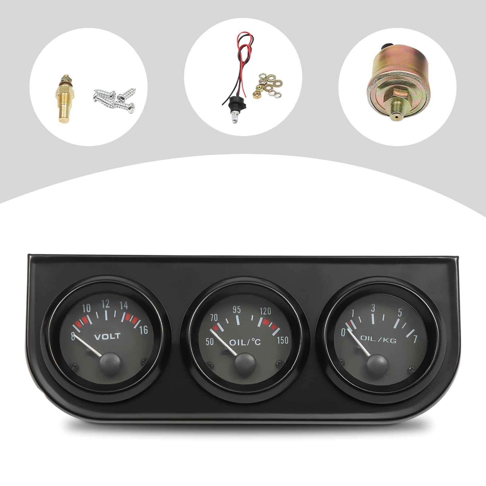 Indicateur Triple pour Voiture, Pod de Mesure 52mm, Manomètre de Pression d'Huile, Voltmètre 3 en 1 + Indicateur de Température d'Eau + Manomètre de Pression d'Huile avec Capteur pour Voiture