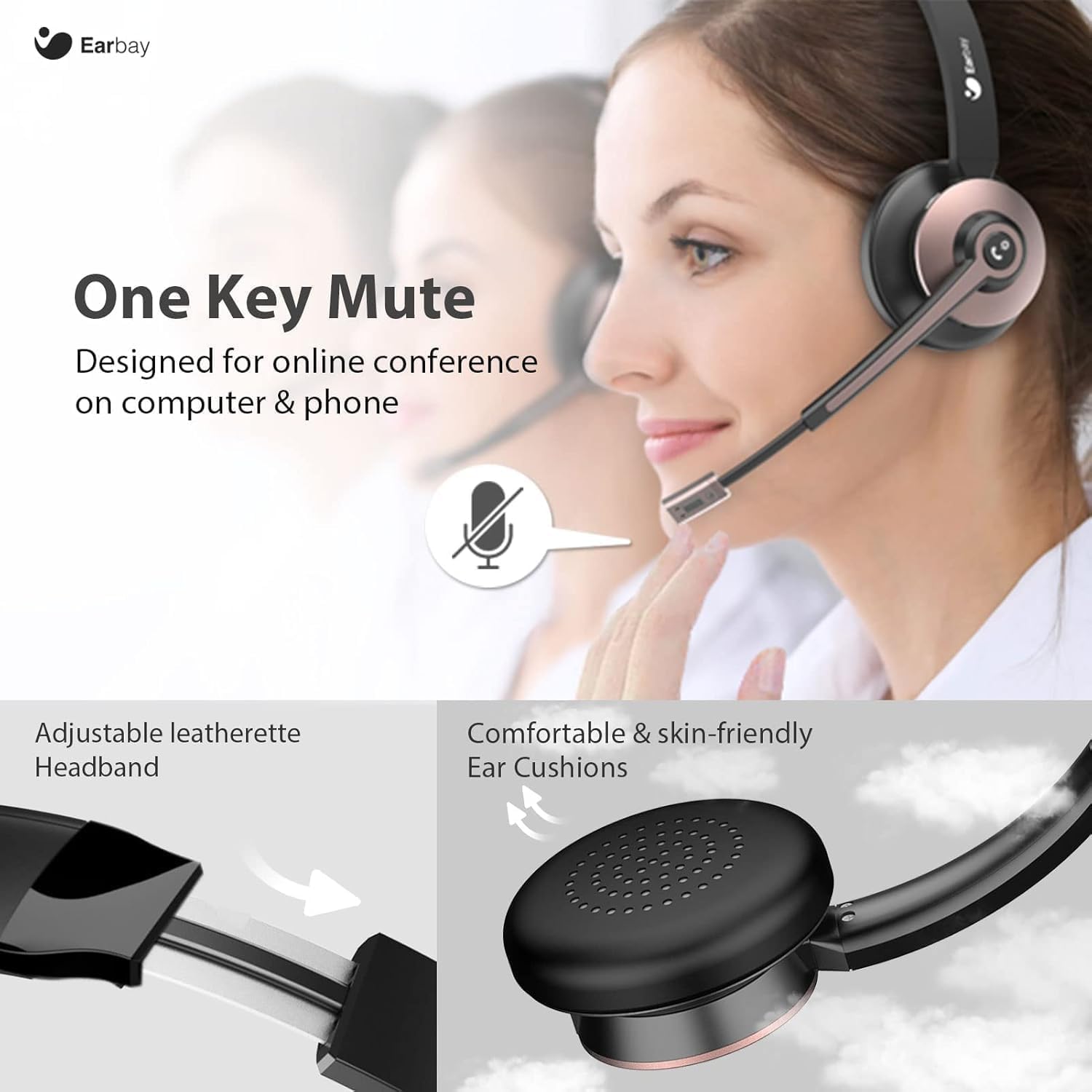 Earbay Wireless Headset, Bluetooth Headset with Microphone Noise Canceling & USB Dongle, Wireless Headphones with Mic Mute/Charge Dock for PC Computer Phone Work Office Meetings Call Teams - Image 3