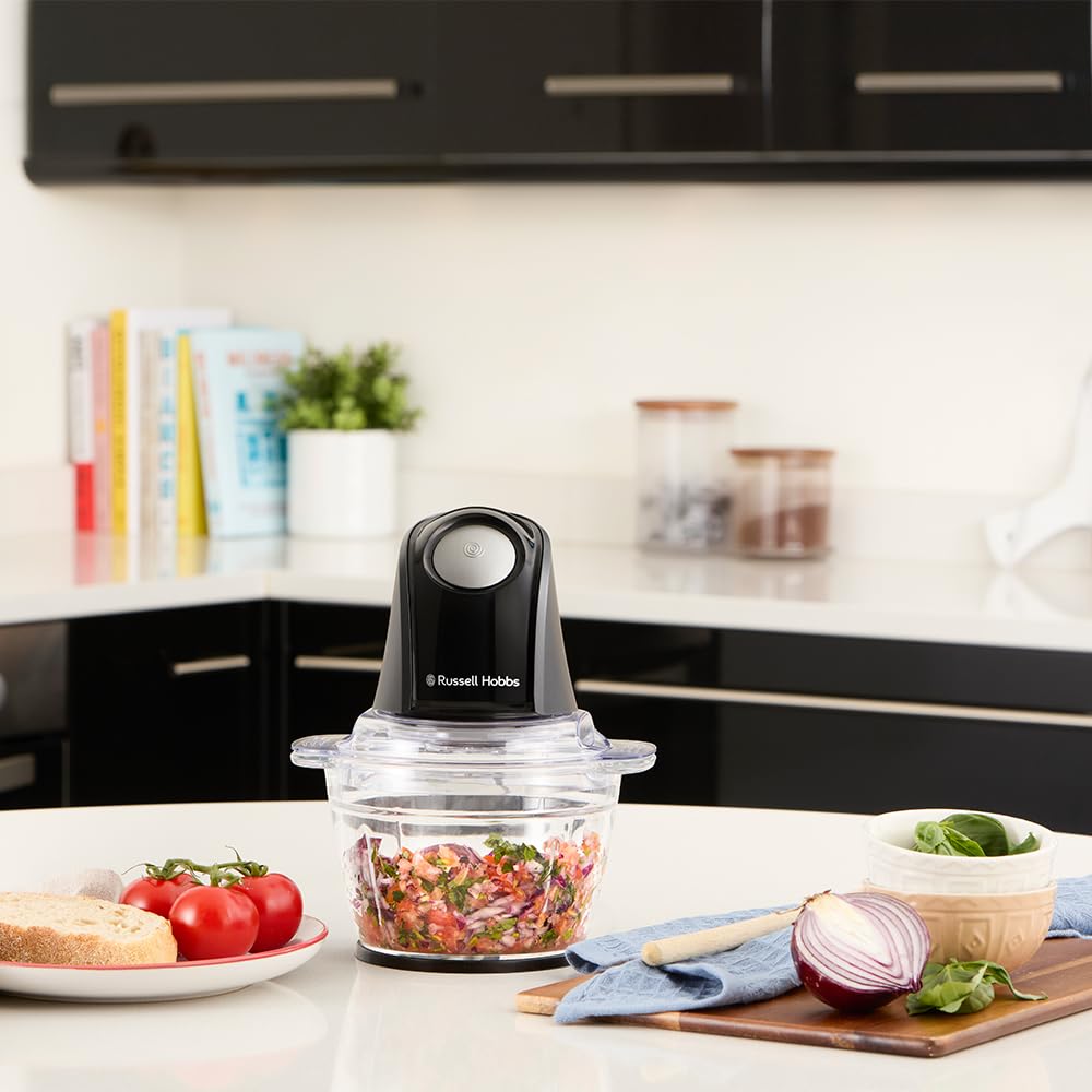 Russell Hobbs Hachoir électrique [polyvalent] blender (pour légumes, fruits, viande, oignons, récipient de 1l, lavable au lave-vaisselle, 2 vitesses, lames en acier inox, 350W) Anthracite 27131-56