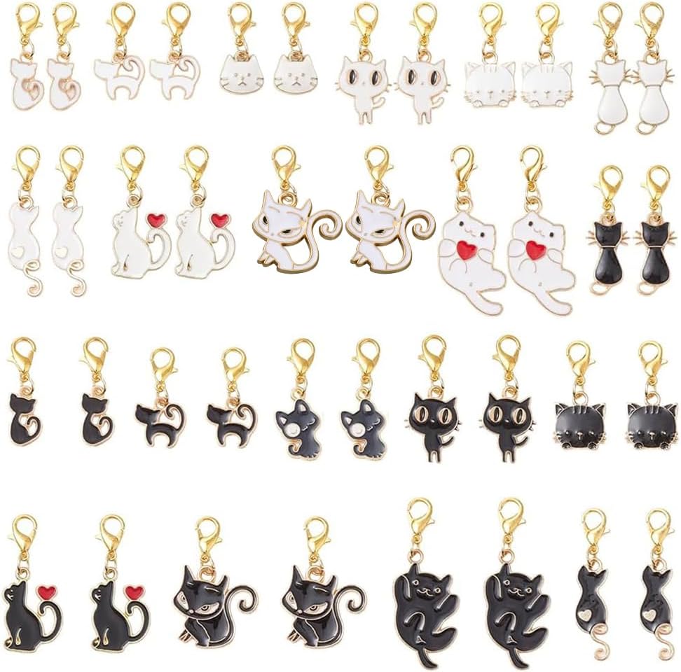SUNNYCLUE 1 Box 20Pcs 10 Styles Cat Knitting Marker Halloween Stitch Markers Metal Alloy Enamel Black Skull Heart Divination Card Leverback Crochet Charms for Weaving Quilting Jewelry DIY Crafting