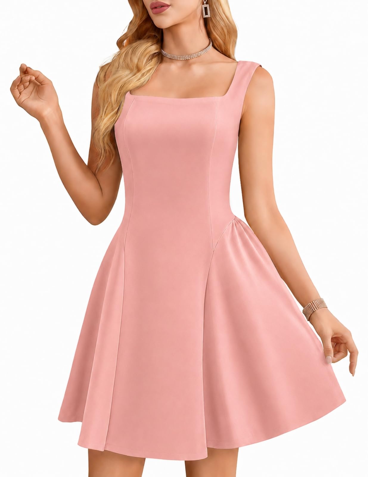 Bbonlinedress Damen-Minikleid mit quadratischem Ausschnitt, ärmellos, kurz, A-Linie, formelle Hochzeitsgäste