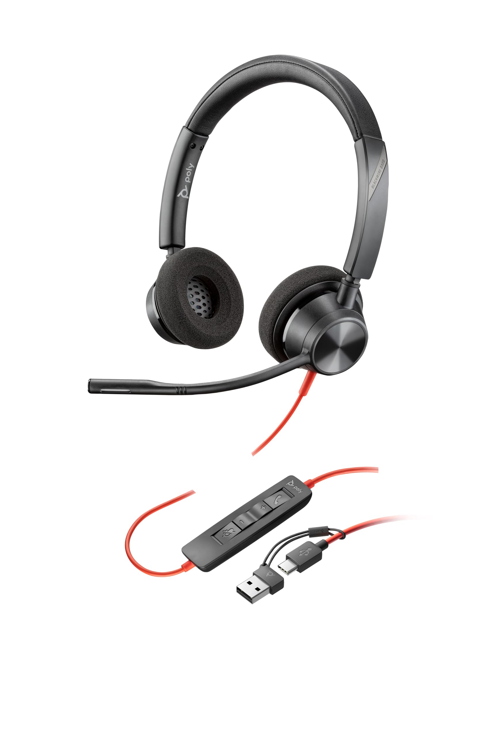 POLY Blackwire 3320 Auriculares Estéreo USB-C Negros + Adaptador de USB-C a USB-A