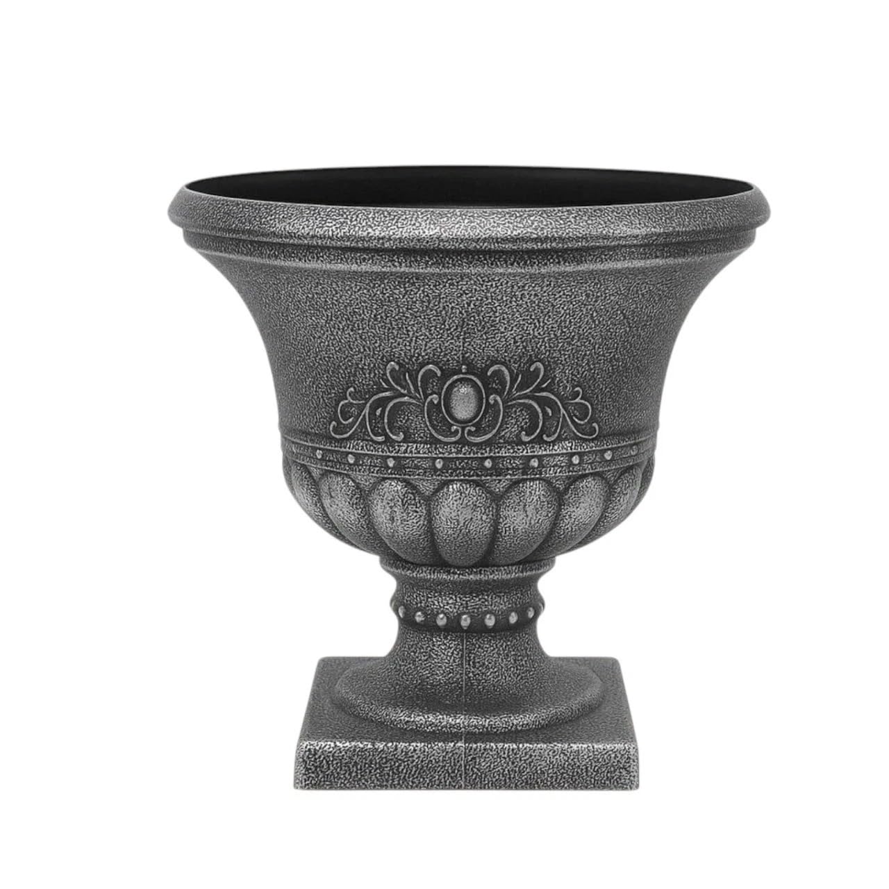 Divas World Silver Plastic Garden Urn Planter with Drainage Hole, Decorative Outdoor Pedestal Flower Pot, Round Plant Container for Garden, Patio & Balcony, Medium 39H × 40L × 40W cm