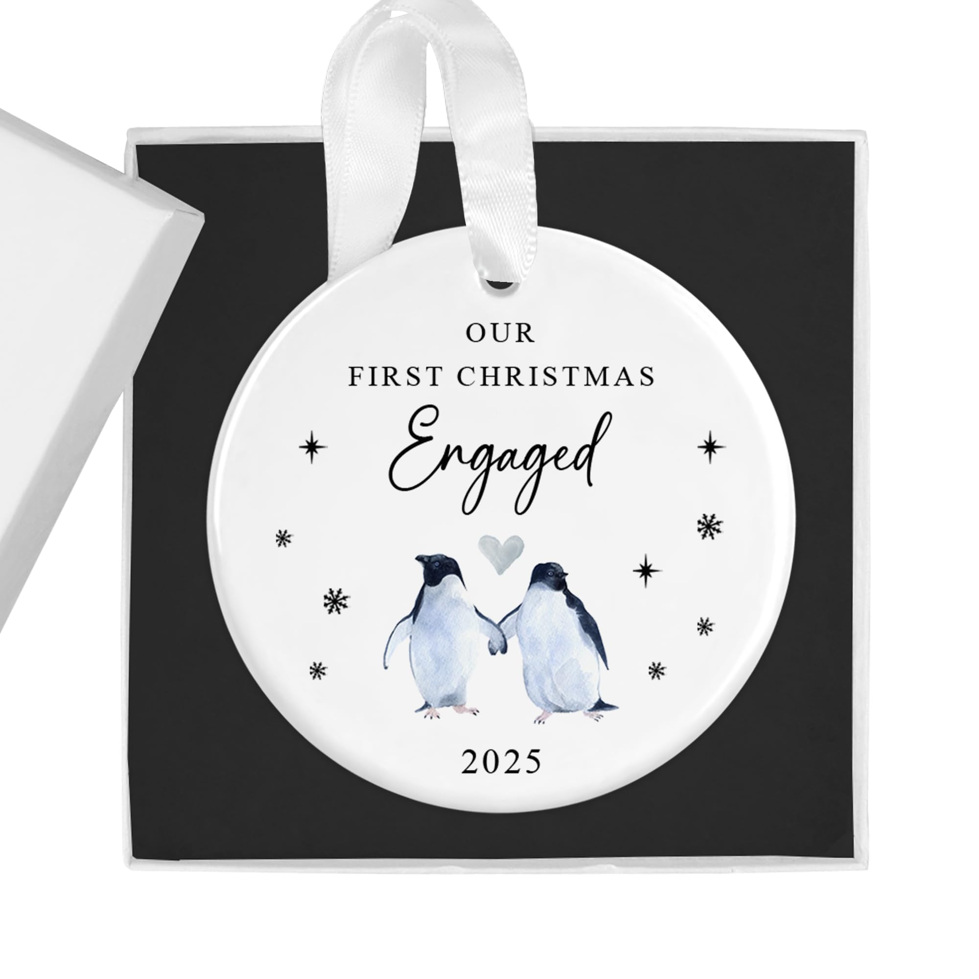 "Our First Christmas Engaged" Penguin Bauble - Engagement Ceramic Ornament, Gift Box - Mr & Miss 1st Xmas Keepsake - Romantic Festive Tree Decoration