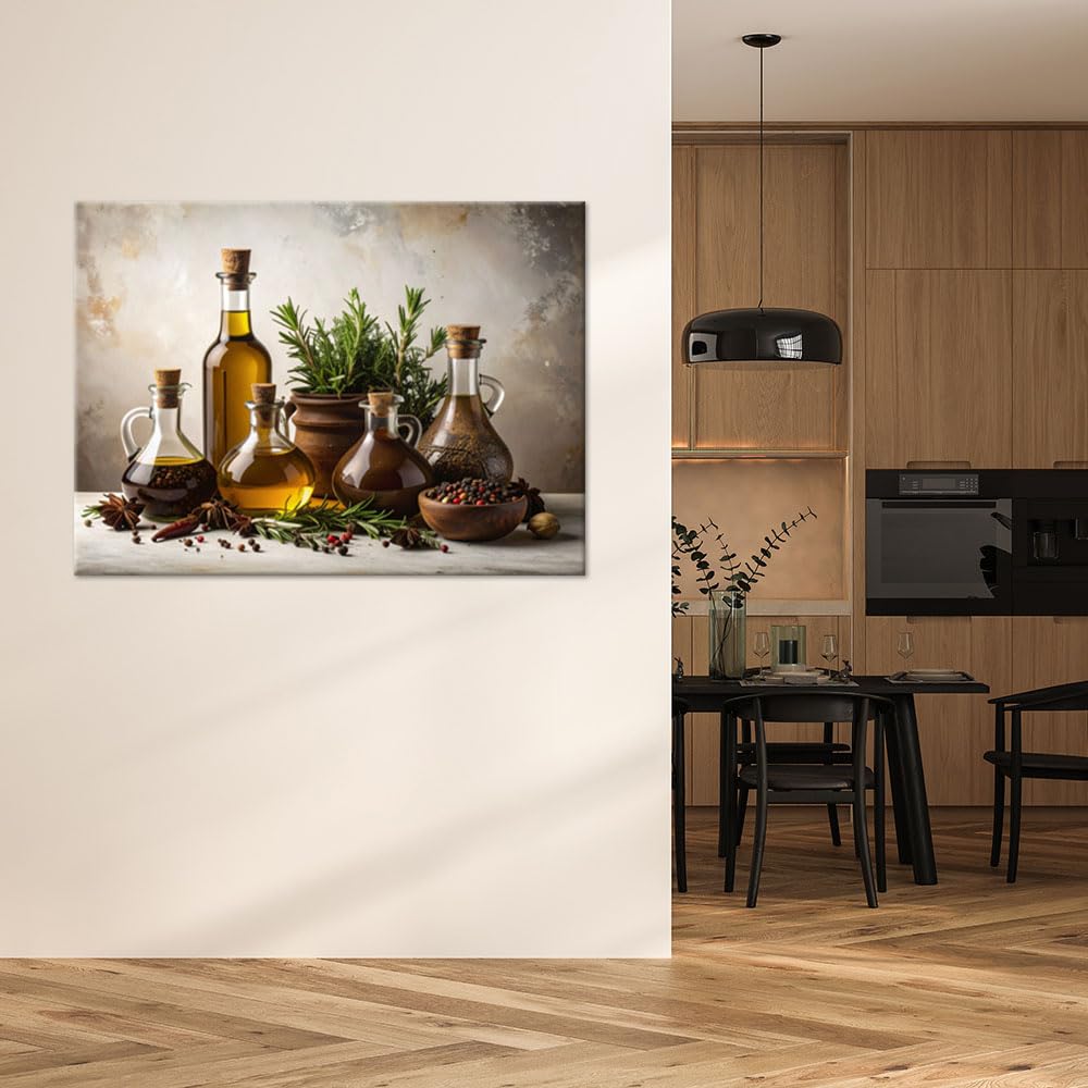 Feeby Wandbild - Wohnzimmer Modern Deko - Olivenöl Kräuter Gewürze - 115x75 1tlg - Bilder Leinwand - Bild auf Leinwand Schlafzimmer - Leinwandbilder für die Wand - Canvas Painting - Fotokunst