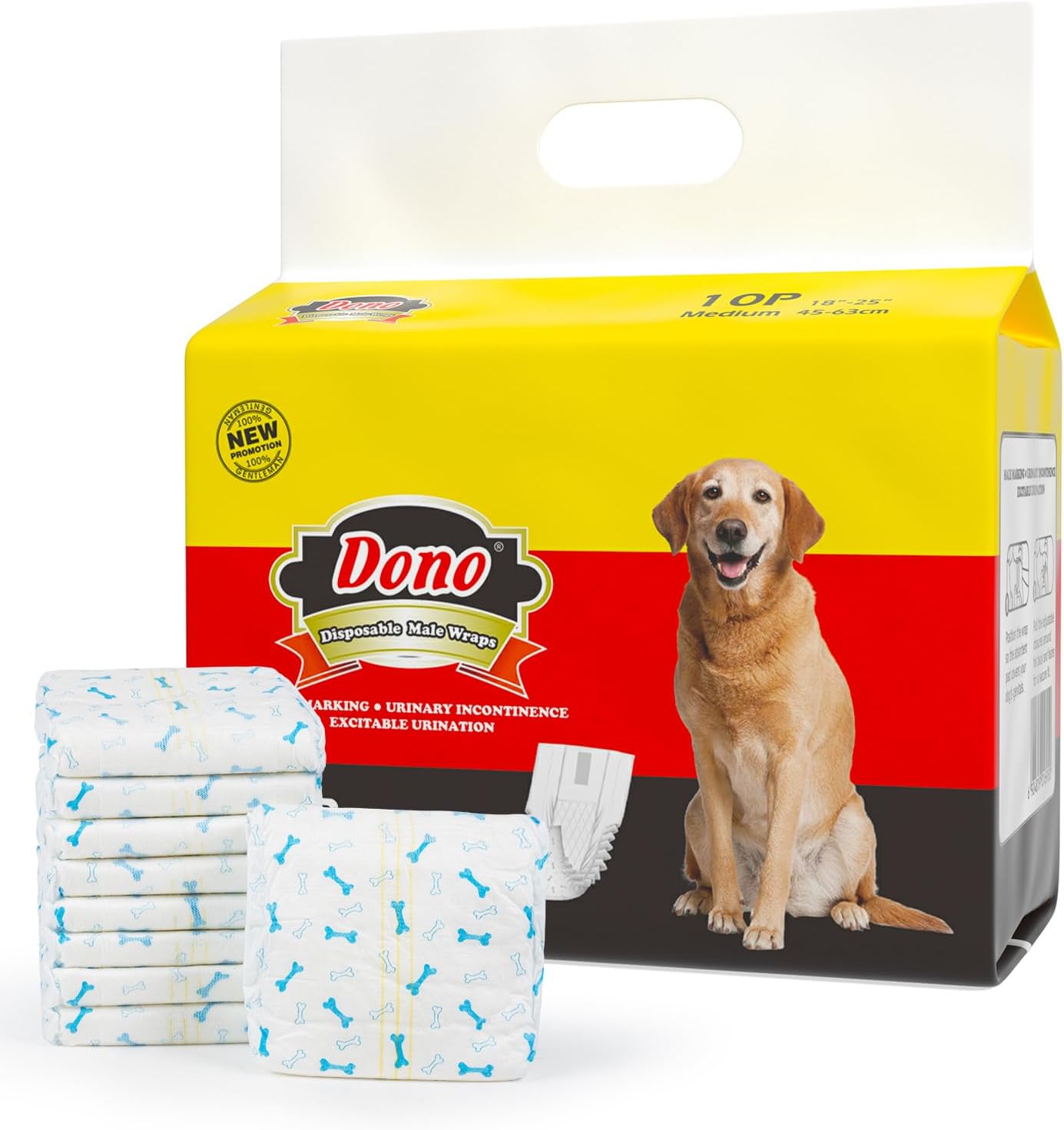 Dono Dog Nappies Male,Male Dog Wraps with Wetness Indicator,Disposable Dog Belly Bands for Puppies,Super Absorbent&Leak-proof,Puppy Nappies for Incontinence,Marking Issues,Traveling (M, 10 Count)