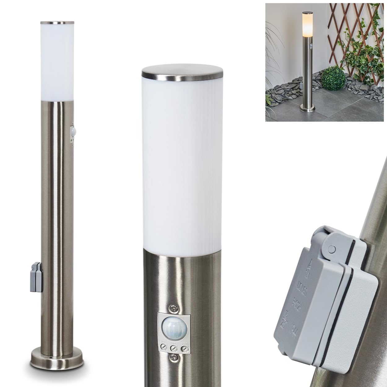 HOFSTEIN Caserta lampa zewnętrzna z czujnikiem ruchu, nowoczesna lampa cokołowa z metalu/tworzywa sztucznego w kolorze niklu/bieli, lampa ścieżkowa 80 cm, lampa ogrodowa, E27, oświetlenie ogrodowe