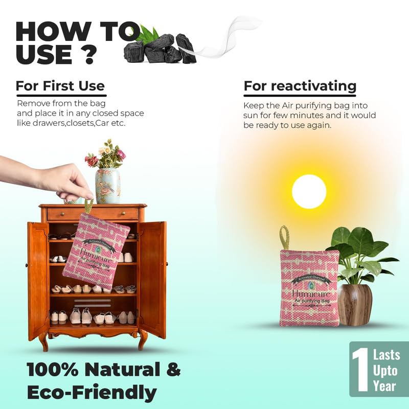 Humicure Activated Charcoal Air Purifier Bags (100 gm) - Odor Remover & Freshener for Car, Kitchen, Bathroom, Wardrobe, Shoe Rack, Pets (100 Gram - Pink, 1) 3