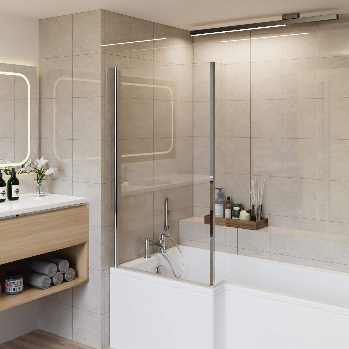 Aquariss Chrome Pivot Double Panel Over Bath Shower Screen Door Easy Clean Glass Shelves Door Panel 810x1400mm