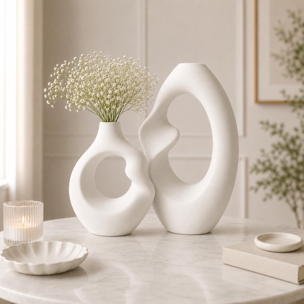 Assymetrical Donut Vase Set for Home Decor | Ceramic Decorative Vase | Modern Abstract Tabletop Accent for Living Room, Shelf, Tabletop Decoration (Set of Two)-image-9