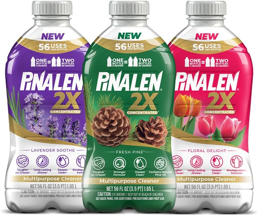 PINALEN 2X Max Aromas Concentrated Multipurpose Cleaner - Fresh Pine, Floral Delight, & Lavender Soothe - 56 fl oz (Pack of 3)