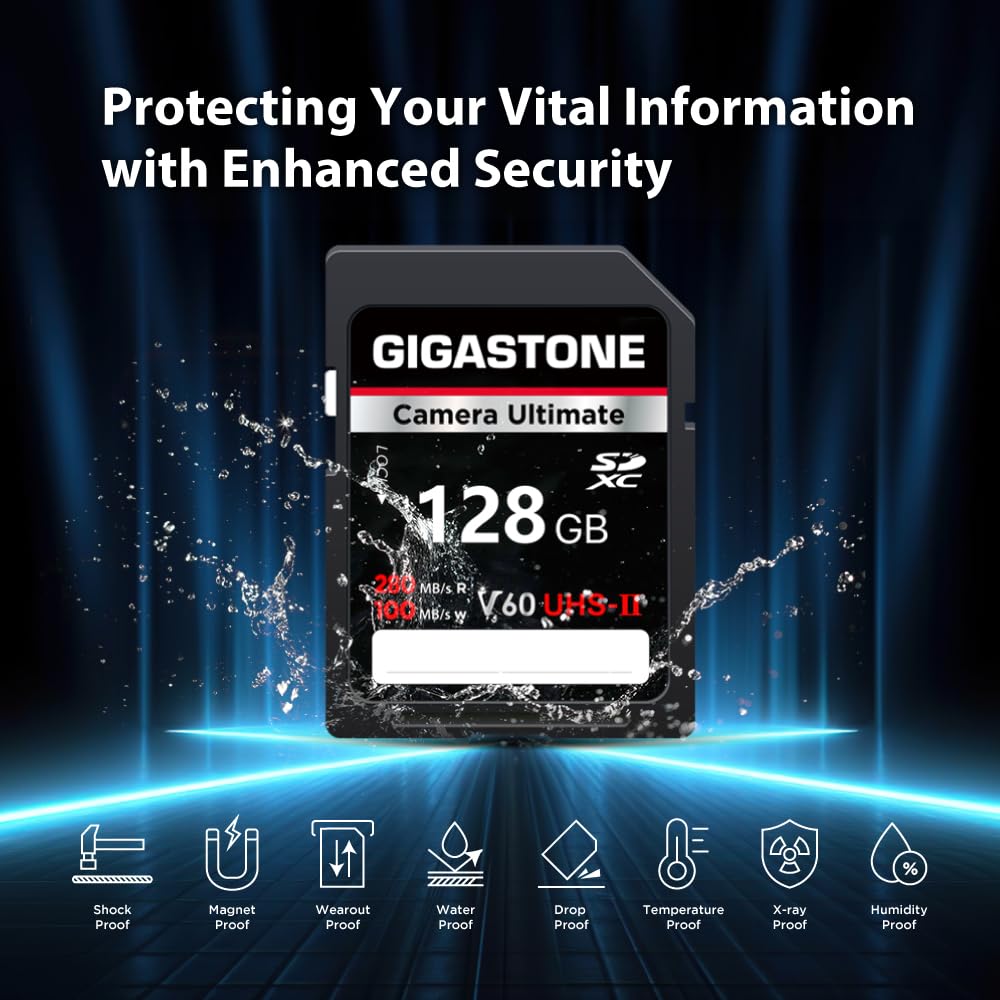 GIGASTONE UHS-II V60 128 GB Zestaw 2 kart SD, Camera Ultimate, prędkość do 280/100 MB/s, U3 SDXC 4K Ultra HD UHD Video do DSLR Canon, Nikon, Sony, Pentax, Kodak, Panasonic, z 2 mini etui