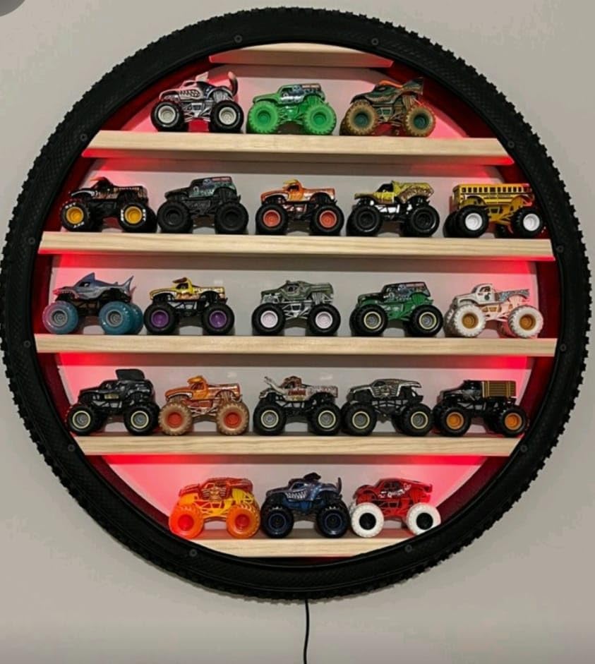 24-Inch LED Display Shelf – Circular Wall-Mounted Toy Car Storage Rack with Wooden Shelves, Tire Frame Design, RGB Backlight for Kids Room, Boys Bedroom & Playroom Décor Without Toys-image-1