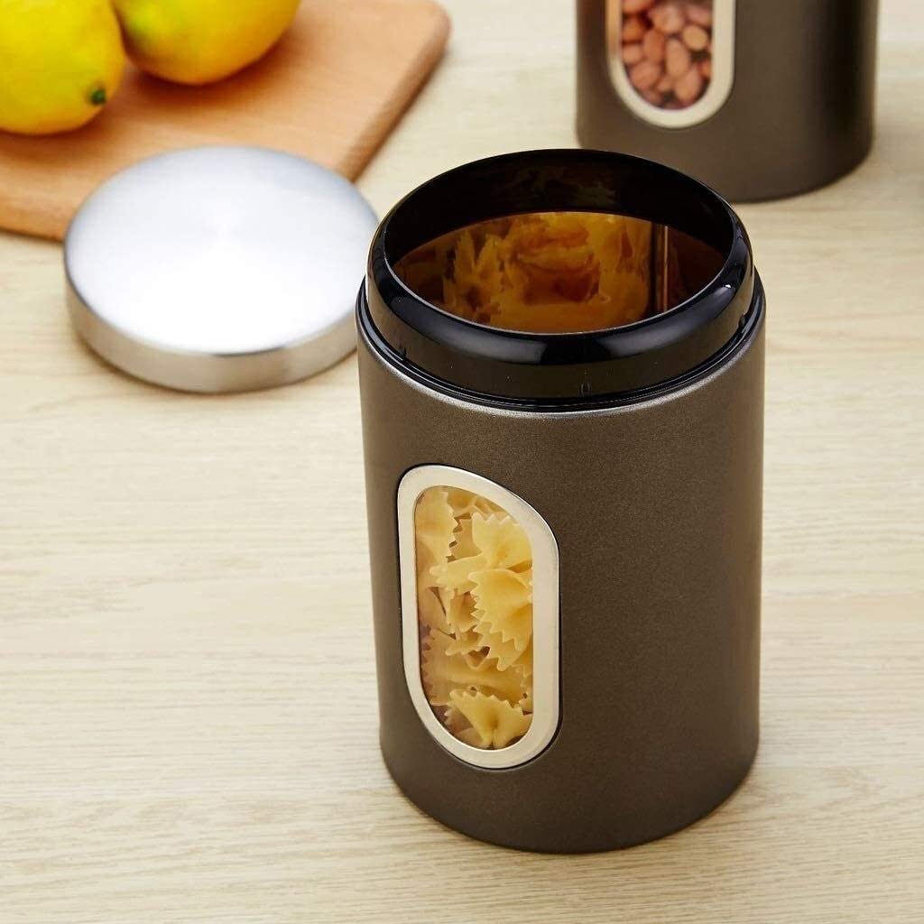 Contenitori Alimentari per Cereali Set Set di 3 contenitori ermetici for la conservazione degli alimenti, barattoli da cucina in acciaio inossidabile con coperchio trasparente, finestre trasparenti fo