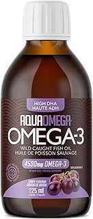 AquaOmega High DHA Omega-3 Liquid with EPA and Vitamin D - Wild Caught Omega 3 Fish Oil -4500mg Omega 3 Supplements - Supports Brain Function, Heart Health and Immune Function - 225ml Grape