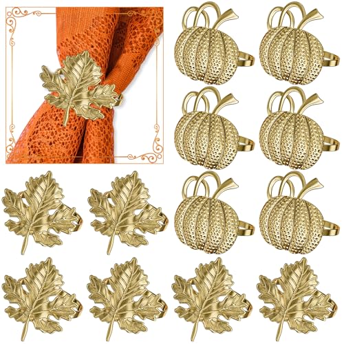 Fall Napkin Rings Set of 12, Maple Leaf and Pumpkin Thanksgiving Napkin Rings Holders Dining Table Rings for Thanksgiving, Gatherings, Parties, Table Decor