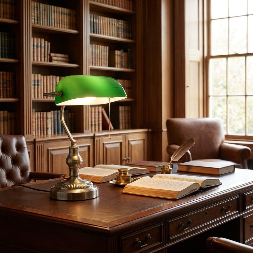 BARCELONA LED - Lampada da tavolo vintage "BANQUERO" con paralume in vetro verde - Base in nichel - Lampada da scrivania classica per ufficio e studio - Attacco E27