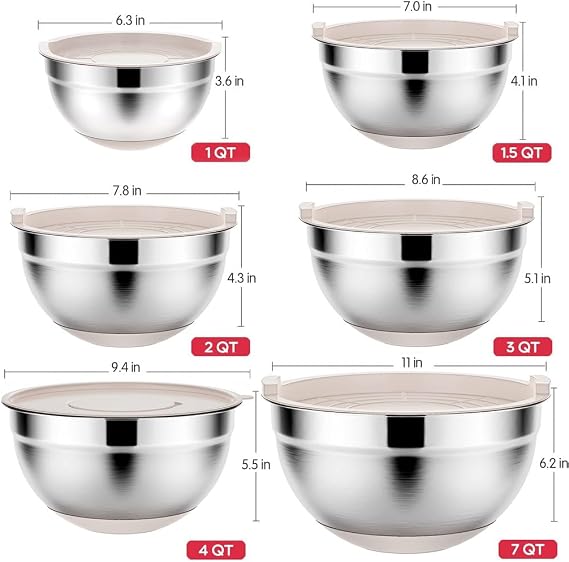 Rottay Mixing Bowls Set with Airtight Lids: 20PCS Stainless Steel Nesting Bowls - Size 7, 4, 3, 2, 1.5, 1QT Bowls with 3 Grater Attachments & Non-Slip Bottoms for Baking & Prepping