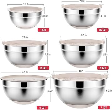 Rottay Mixing Bowls Set with Airtight Lids: 20PCS Stainless Steel Nesting Bowls - Size 7, 4, 3, 2, 1.5, 1QT Bowls with 3 Grater Attachments & Non-Slip Bottoms for Baking & Prepping