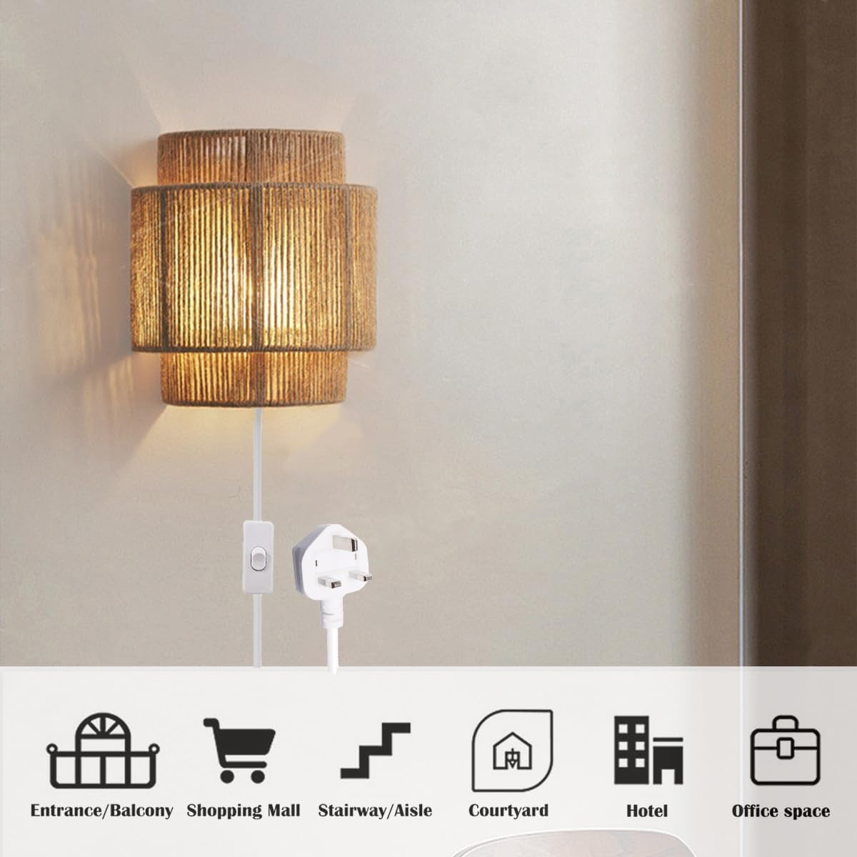 Wandleuchte Innen mit Schalter, E27 Boho Vintage Rattan Wandlampe mit Stecker Kabel, UP & Down Beleuchtung Nachttischlampe Handgewebter Rustikal Rattan Bambus Dekolampe für Wohnzimmer Schlafzimmer