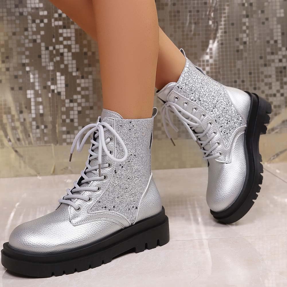 Women's Glitter Combat Boots Round Toe Lace Up Chunky Low Heel Sparkly Ankle Booties Comfy Combat Ankle Boots