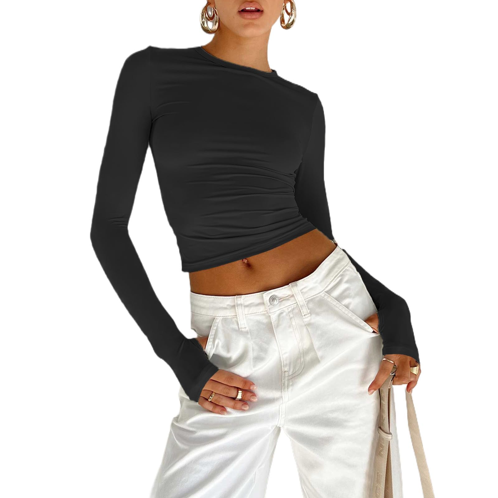 Flintronic Maglietta A Manica Lunga Donna Crop Top - Basic Girocollo Aderente In Poliestere E Spandex - Nero Taglia M