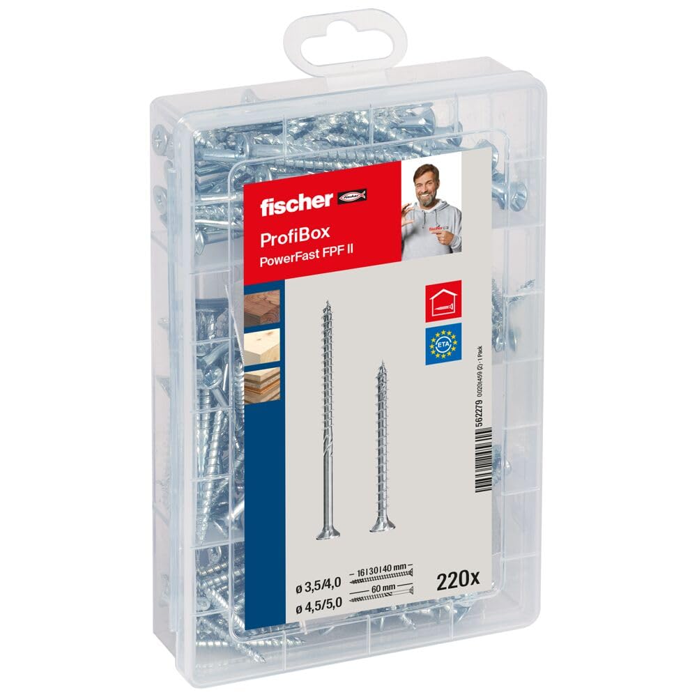 fischer Meister-Box PowerFast II Chipboard Screw, Presorted Assortment Box with 220 Blue-Galvanised Screws, Countersunk Head