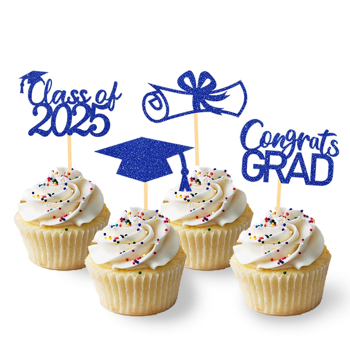 2025 Graduation Theme Cupcake Toppers Glitter Class of 2025 Graduation Cap Diploma Cupcake Picks - Set of 24 (Blue)