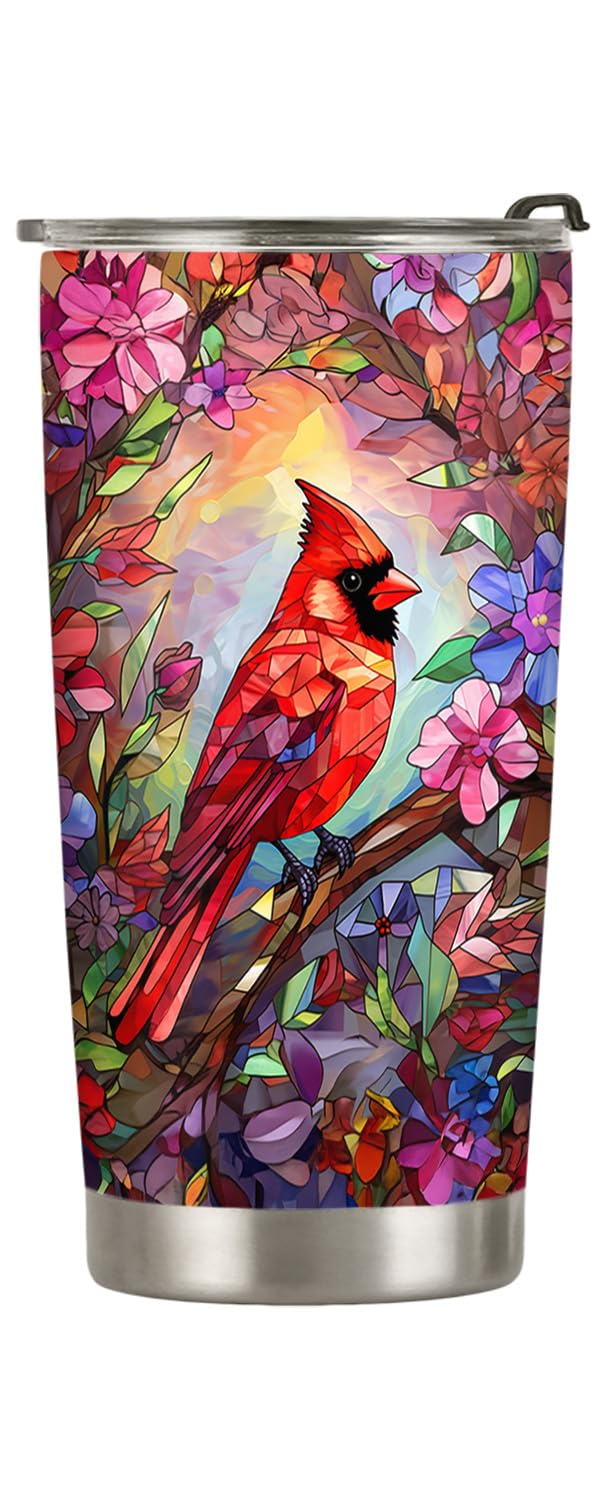 ORCAE 20oz Stained Glass Snowflakes Crystal Floral Flower Cardinal Bird Tumbler, Coffee Tumbler for Women, Stainless Steel Double Wall Vacuum