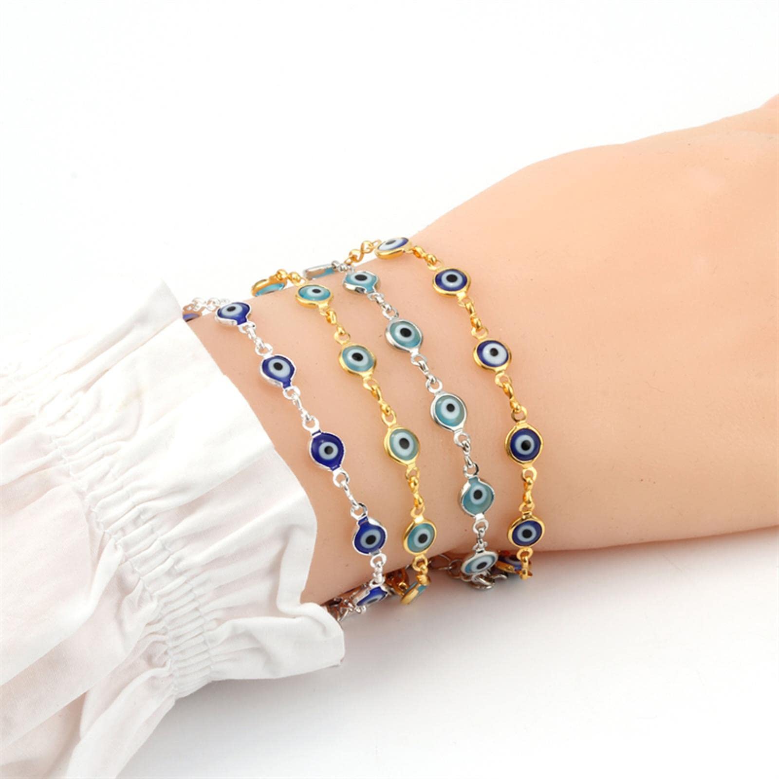 Bracciale Regolabile Con Ciondolo Occhio Di Allah E Perline Blu - Gioiello Moda Donna In Metallo Con Catena A Maglie - 5