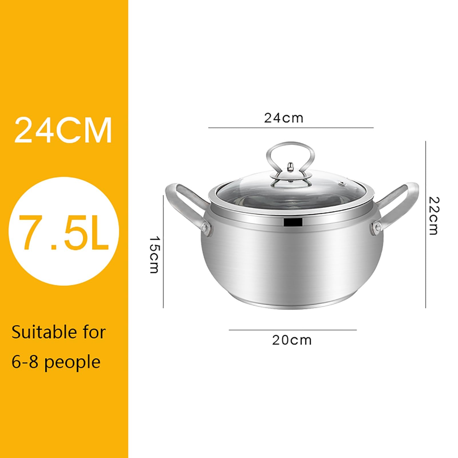 Kochtopf, Suppentöpfe, Suppentopf aus Edelstahl mit Glasdeckel, professionelles Kochgeschirr, kompatibel mit Allen Herden, 3 l/4,5 l/6 l/7,5 l (Größe: 24 cm)