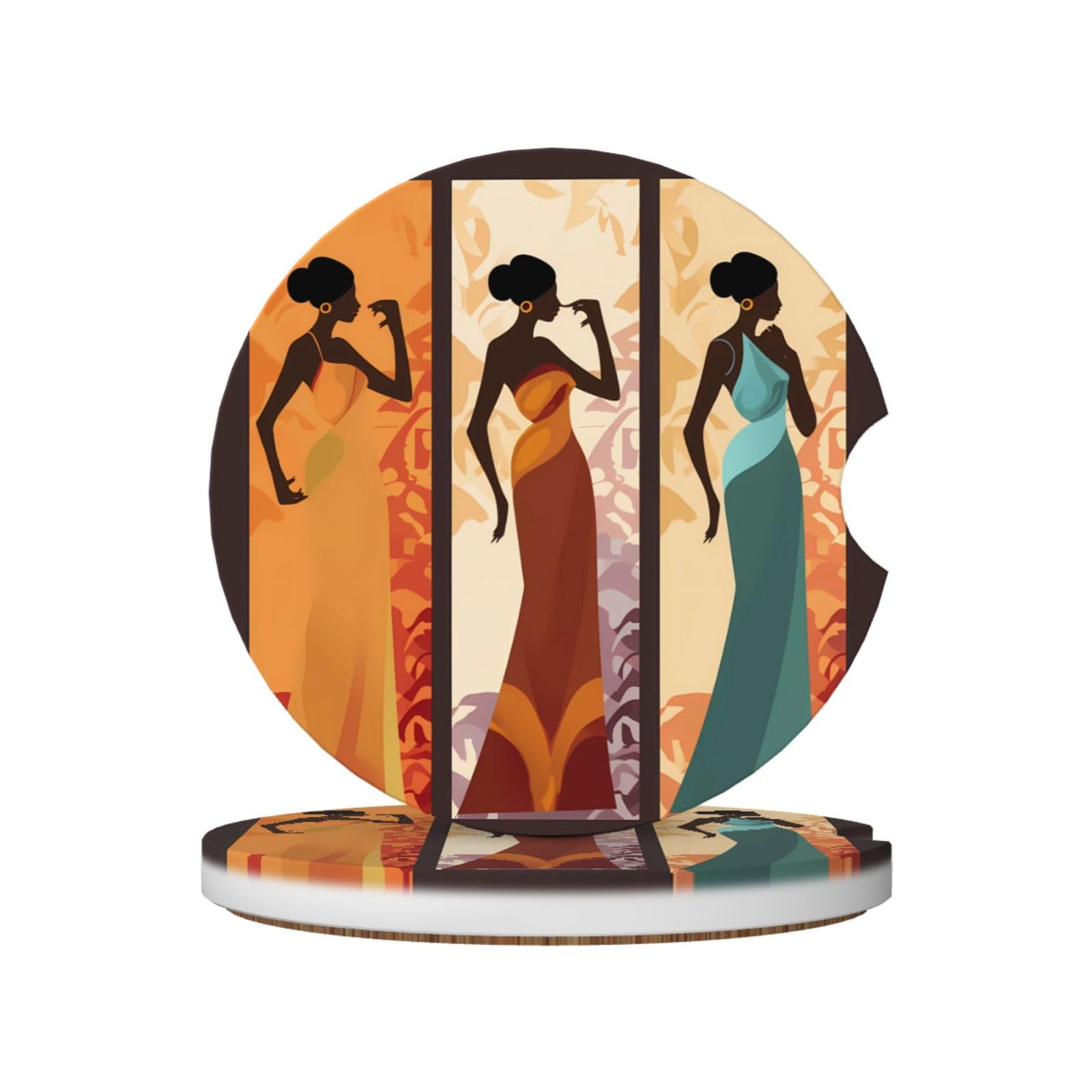 Set of 2 Black Women Ceramic Absorbent Car Coasters Dia 2.56"